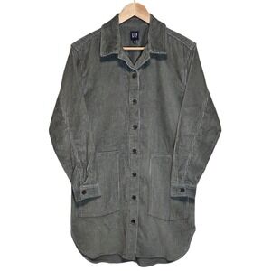 Gap Womens Corduroy Shirt Dress‎ Oversized Gray Green XS Soft Longline Pockets